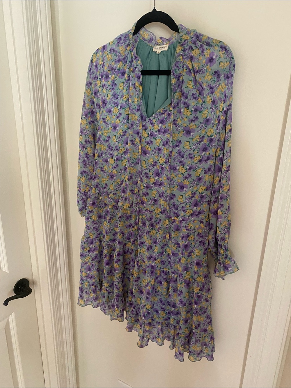 Long-Sleeve Lavender Floral Tiered Midi Dress